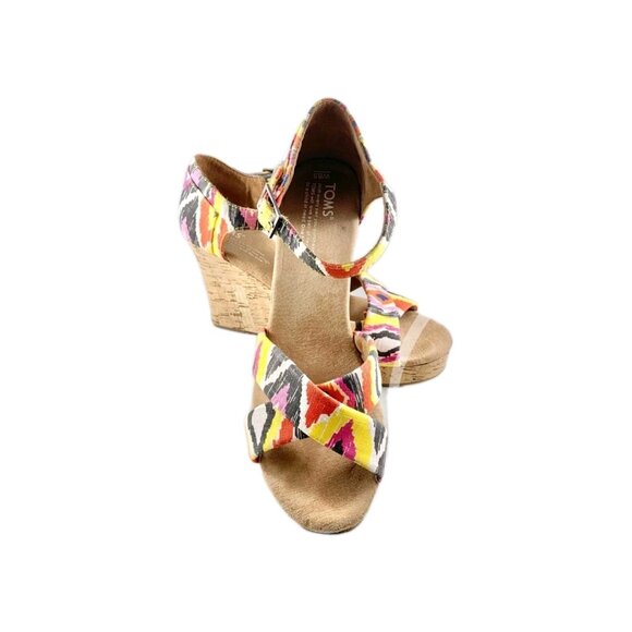 Toms Womens Sienna Cork Wedge Sandals Size 8.5 Multicolor Ikat Aztec Boho Summer - Picture 2 of 8